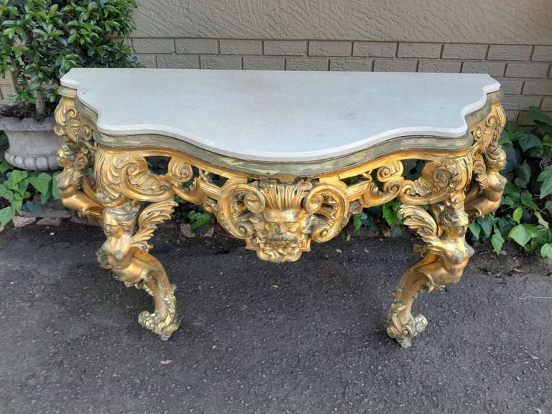 A Rare 19th Century English Ornately Carved Oak and Gilded Console Table with Marble Top