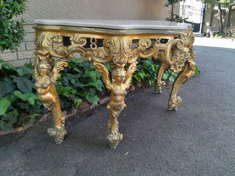 A Rare 19th Century English Ornately Carved Oak and Gilded Console Table with Marble Top