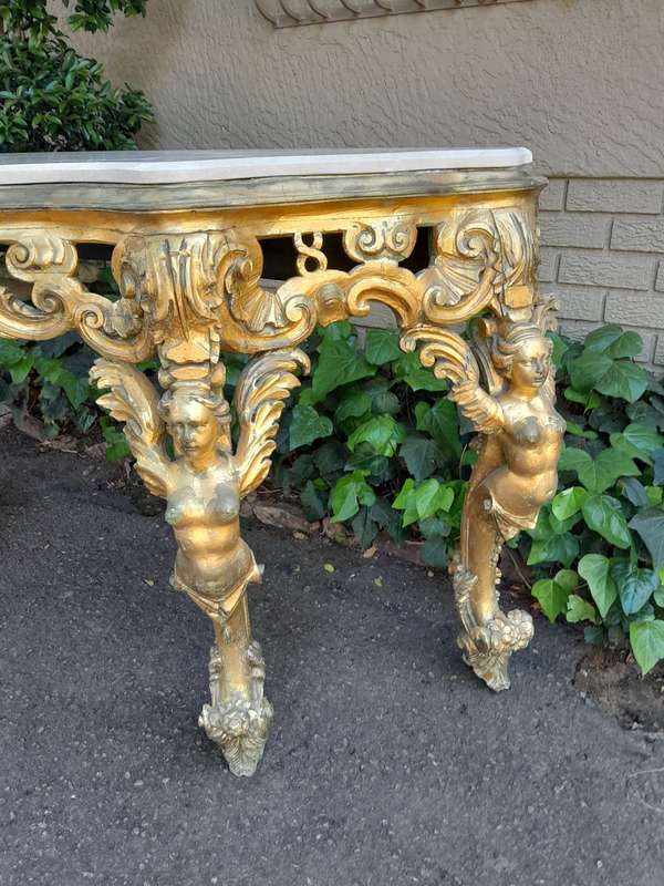 A Rare 19th Century English Ornately Carved Oak and Gilded Console Table with Marble Top