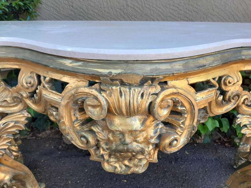 A Rare 19th Century English Ornately Carved Oak and Gilded Console Table with Marble Top