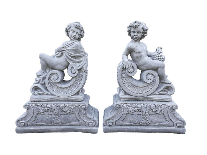 Pair Of Architectural Cherubs On Bases Facing Left And Right