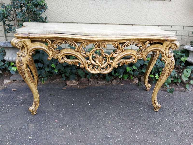 A 20th Century Painted Plum Mahogany French Style Console With Marble Top