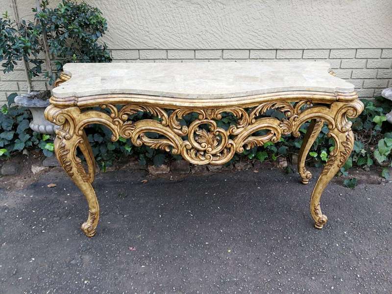 A 20th Century Painted Plum Mahogany French Style Console With Marble Top