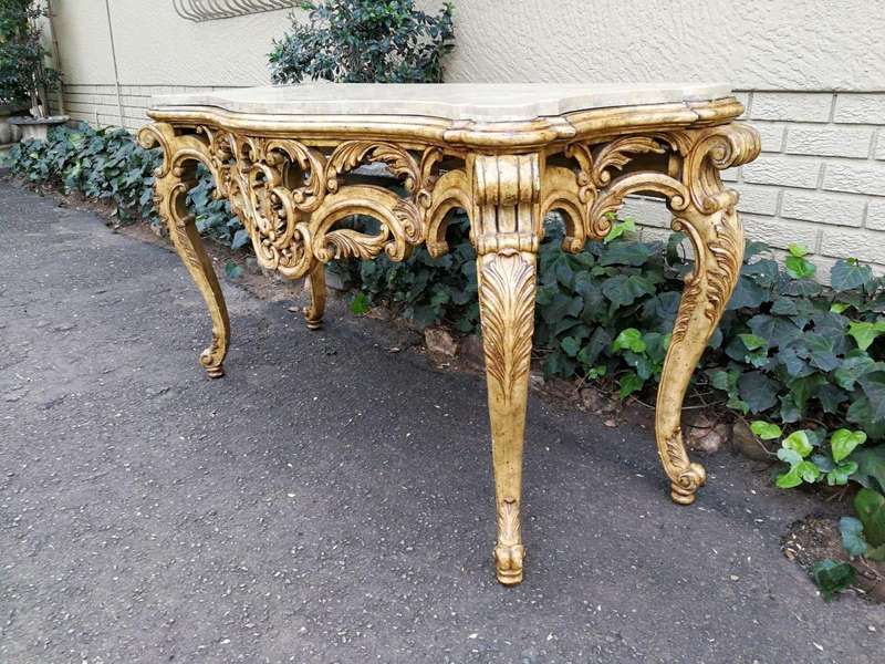 A 20th Century Painted Plum Mahogany French Style Console With Marble Top