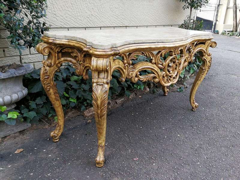 A 20th Century Painted Plum Mahogany French Style Console With Marble Top
