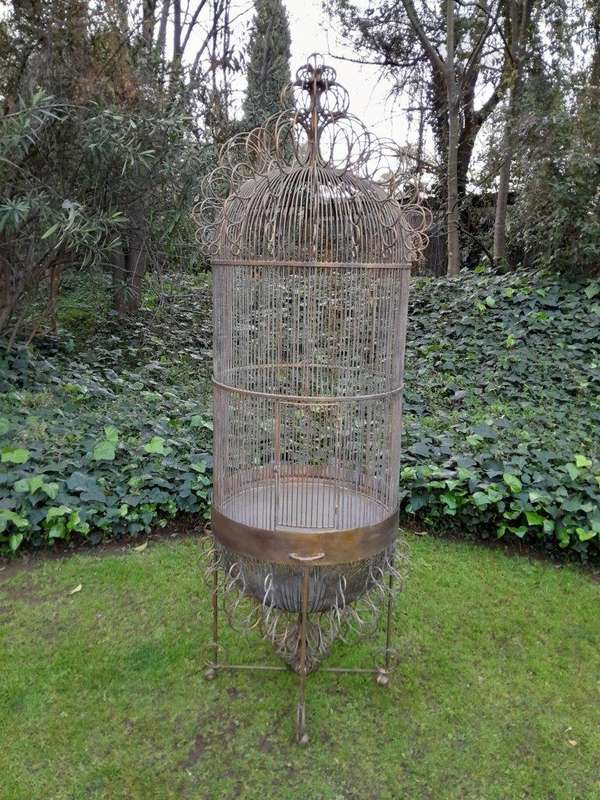 A 20th Century Hand-Gilded with Gold-Leaf  Wrought Ion Birdcage on Stand