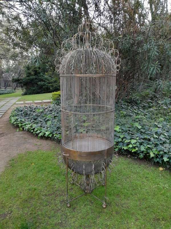A 20th Century Hand-Gilded with Gold-Leaf  Wrought Ion Birdcage on Stand