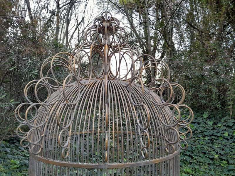 A 20th Century Hand-Gilded with Gold-Leaf  Wrought Ion Birdcage on Stand