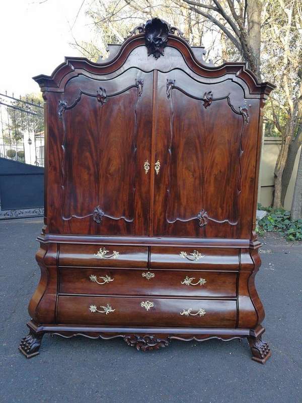 An 18th Century Circa 1770 Dutch Mahogany Armoire / Cabinet With The Original Glit Brass Rococo H...