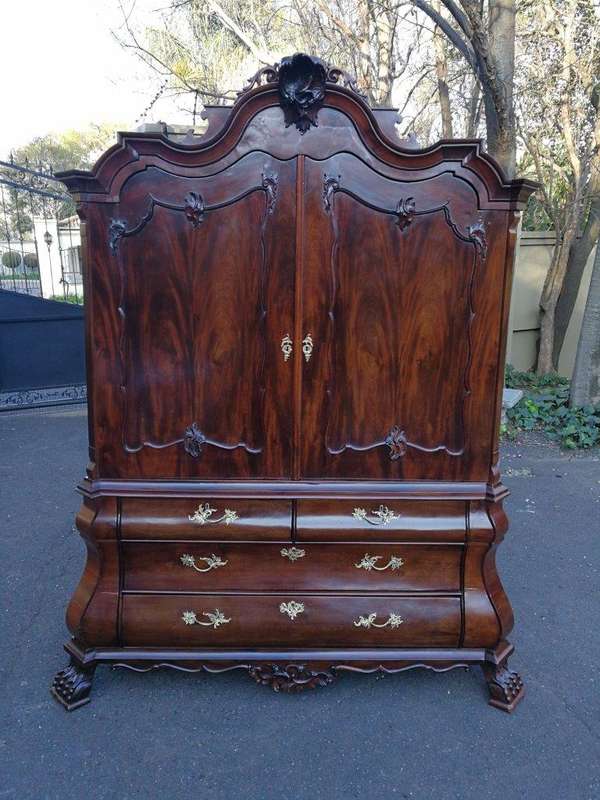 An 18th Century Circa 1770 Dutch Mahogany Armoire / Cabinet With The Original Glit Brass Rococo H...