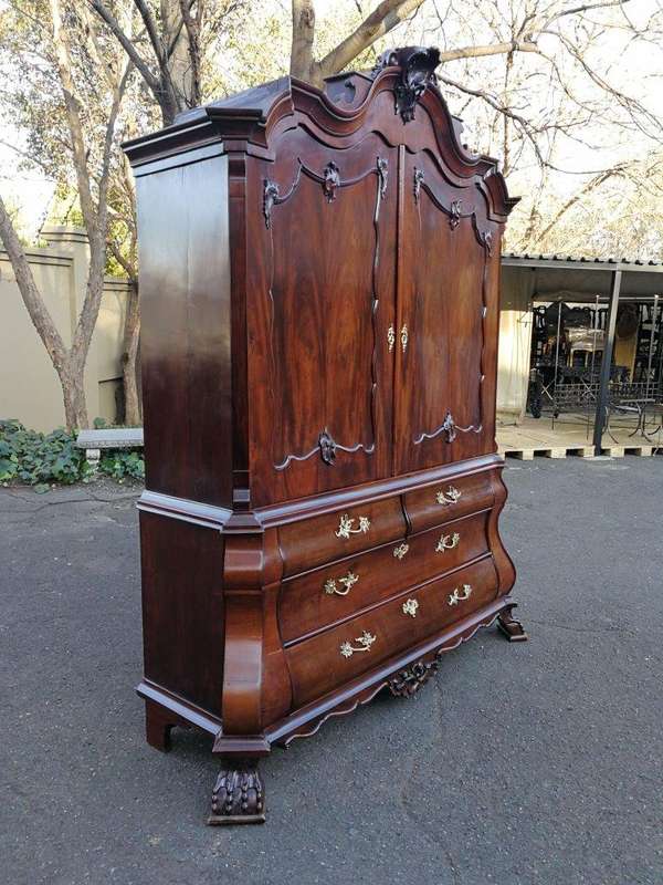 An 18th Century Circa 1770 Dutch Mahogany Armoire / Cabinet With The Original Glit Brass Rococo H...