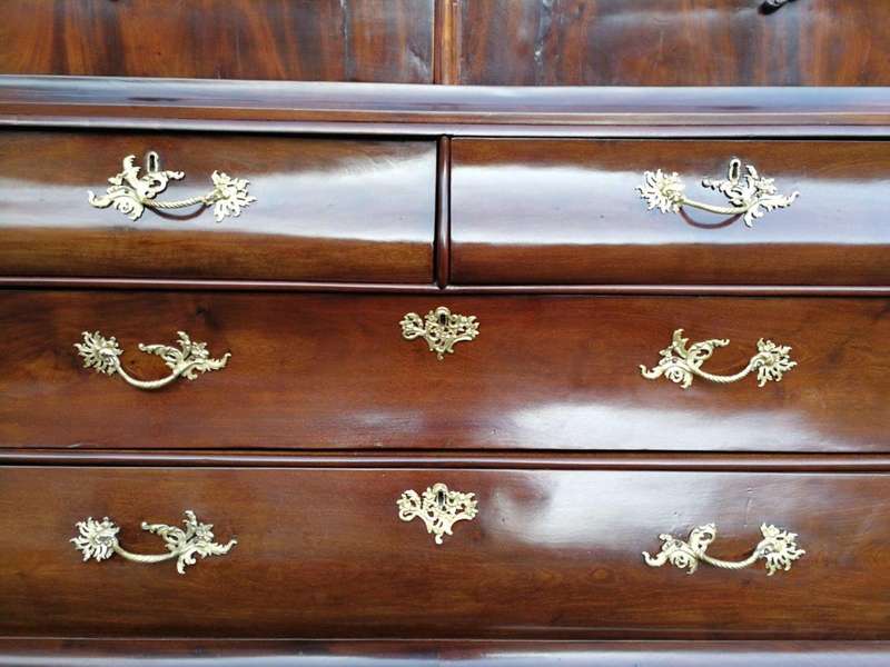An 18th Century Circa 1770 Dutch Mahogany Armoire / Cabinet With The Original Glit Brass Rococo H...