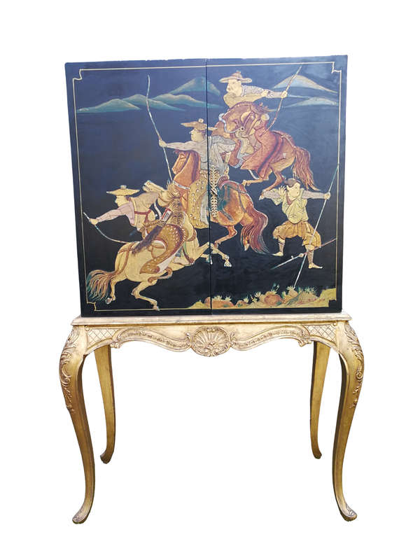 A Mid 20th Century Chinoiserie Wooden Painted Cabinet With Interior Black Painted With Shelf And ...