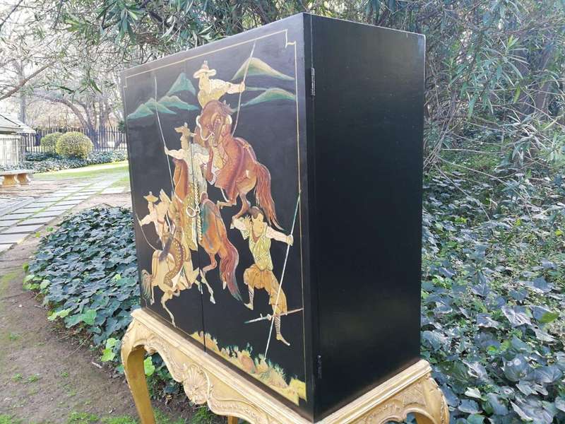 A Mid 20th Century Chinoiserie Wooden Painted Cabinet With Interior Black Painted With Shelf And ...