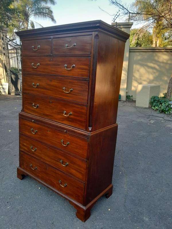 A Circa 1800 Regency English Mahogany Chest-On-Chest With A Pull-Out Writing Surface With Locks A...