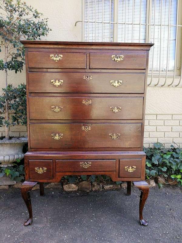 An Early Victorian Oak Tallboy Chest On Chest With Original Brass-Cut Escutcheons And Lock-Plates...