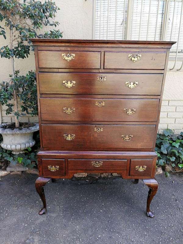 An Early Victorian Oak Tallboy Chest On Chest With Original Brass-Cut Escutcheons And Lock-Plates...