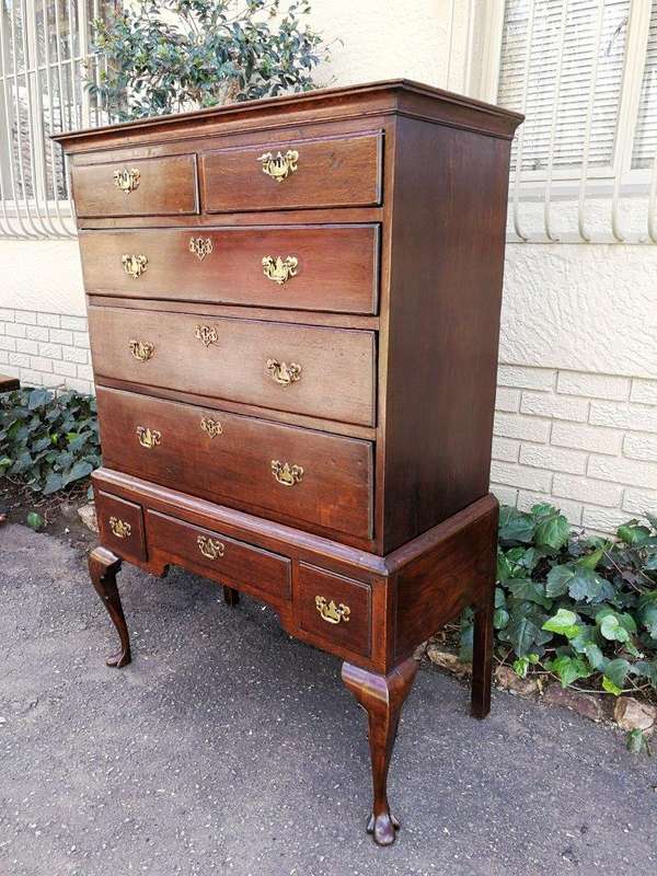 An Early Victorian Oak Tallboy Chest On Chest With Original Brass-Cut Escutcheons And Lock-Plates...