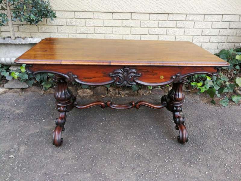 A 19th Century Circa 1860 Victorian Rosewood Carved Library Table With BADA Stamp (British Antiqu...