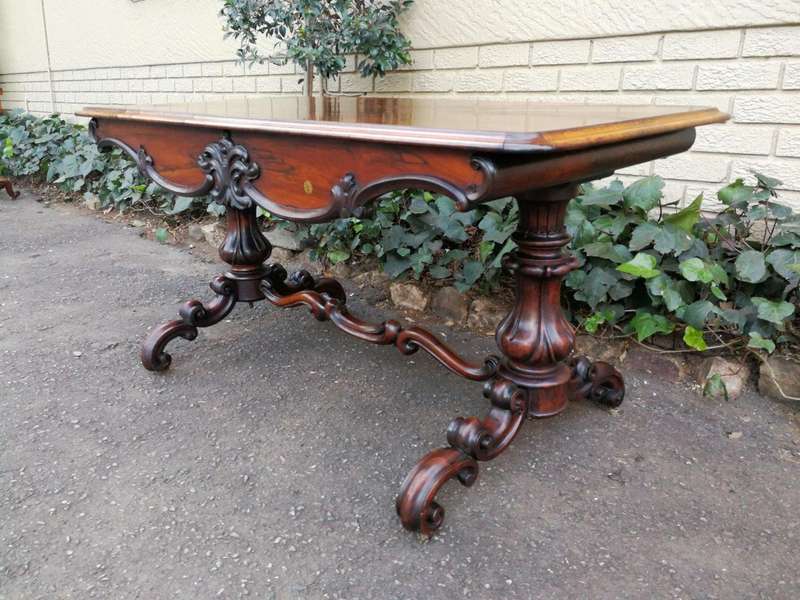 A 19th Century Circa 1860 Victorian Rosewood Carved Library Table With BADA Stamp (British Antiqu...
