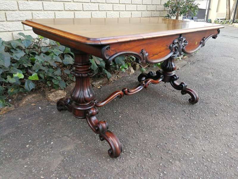 A 19th Century Circa 1860 Victorian Rosewood Carved Library Table With BADA Stamp (British Antiqu...