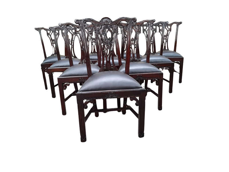 A 20th Century Set of Ten English Mahogany Chippendale Style Chairs with Leather Upholstered Seats