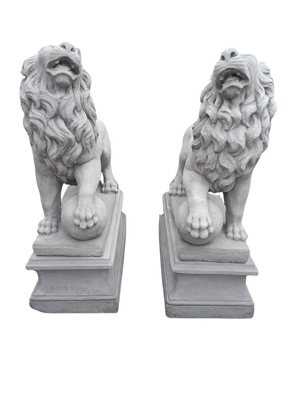 A Pair Concrete Lions On Bases  (Custom-Aged By The Crown Collection)