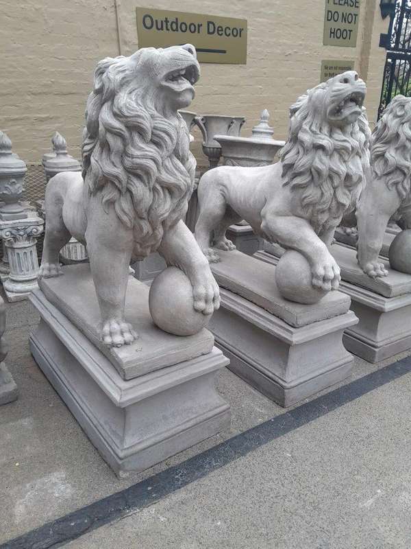 A Pair Concrete Lions On Bases  (Custom-Aged By The Crown Collection)