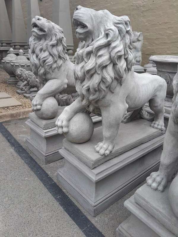 A Pair Concrete Lions On Bases  (Custom-Aged By The Crown Collection)