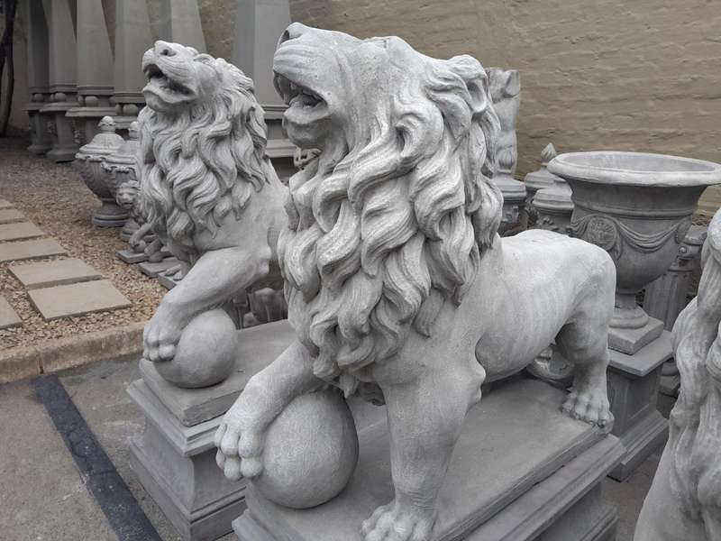 A Pair Concrete Lions On Bases  (Custom-Aged By The Crown Collection)