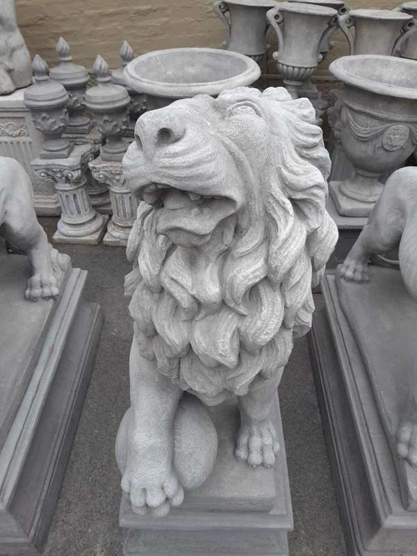 A Pair Concrete Lions On Bases  (Custom-Aged By The Crown Collection)