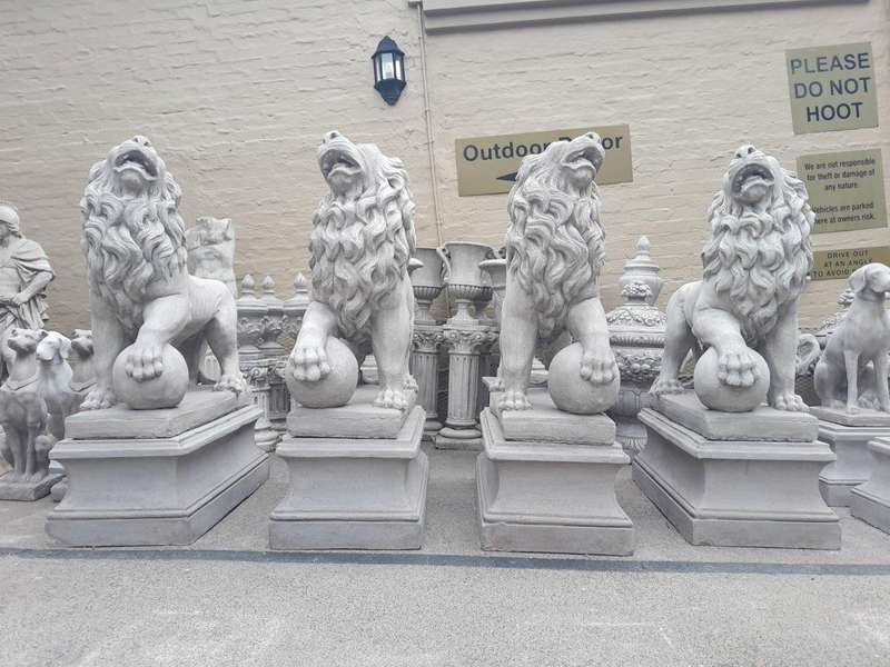 A Pair Concrete Lions On Bases  (Custom-Aged By The Crown Collection)