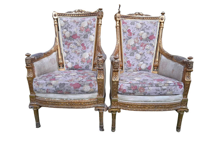 A 20th Century Pair of French Style Bergere Hand Gilded Wooden Armchairs