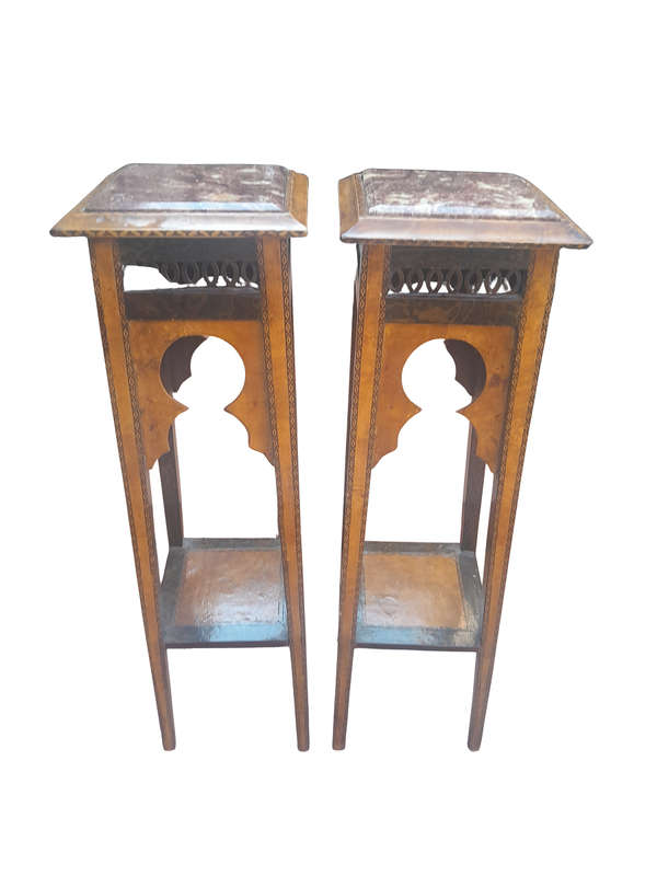 A 20th Century Pair of French Style Walnut Side Tables with Marble Tops