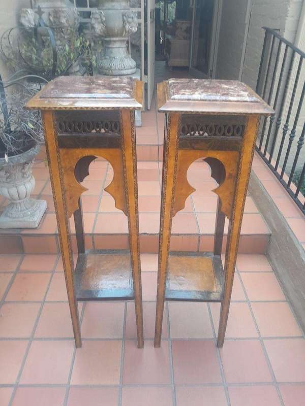 A 20th Century Pair of French Style Walnut Side Tables with Marble Tops