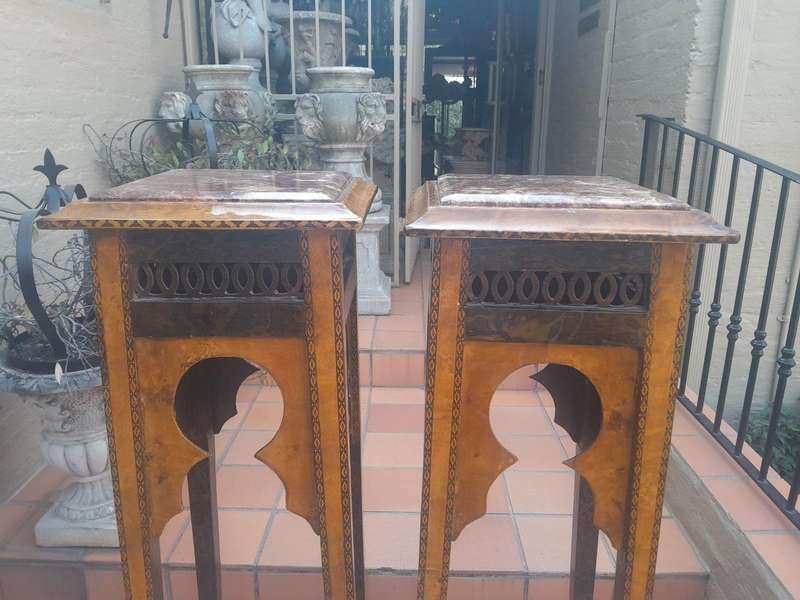 A 20th Century Pair of French Style Walnut Side Tables with Marble Tops
