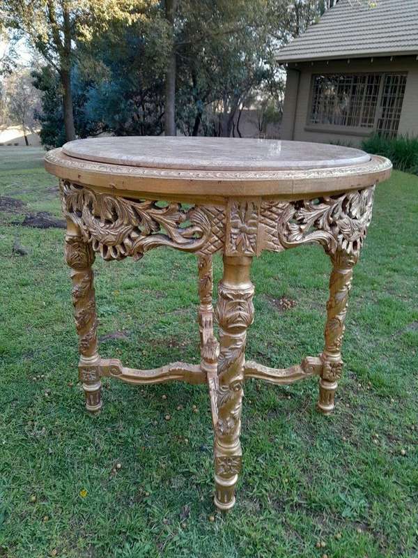 A 20TH Century French Style Carved and Hand Gilded Side Table with Marble Top