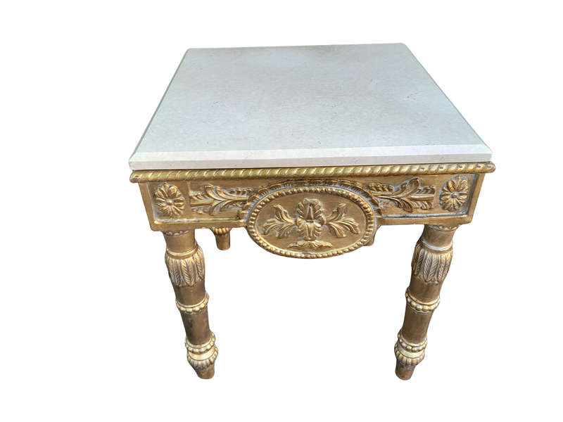 A 20th Century French Style Ornately Carved Side Table with Marble Top