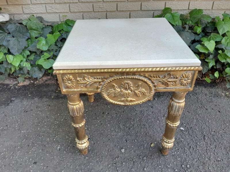 A 20th Century French Style Ornately Carved Side Table with Marble Top