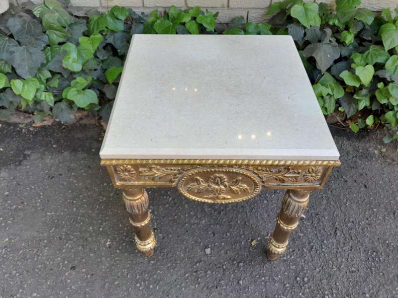 A 20th Century French Style Ornately Carved Side Table with Marble Top