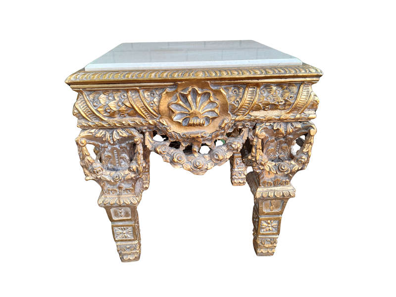 A 20th Century French Style Ornately Carved Side Table with Marble Top