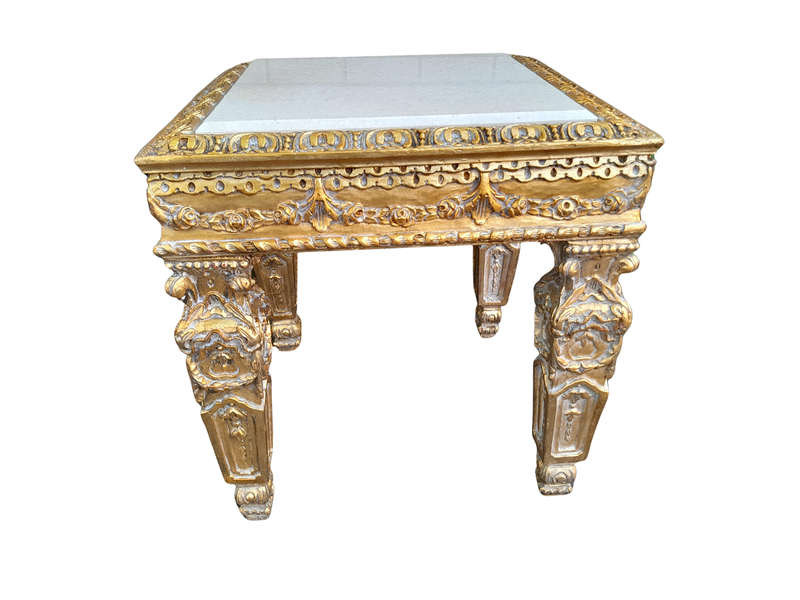 A 20th Century French Style Ornately Carved Side Table with Marble Top
