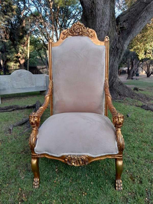 An Exceptional Pair of 20th Century French Style Ornately Carved & Giltwood Throne Chairs