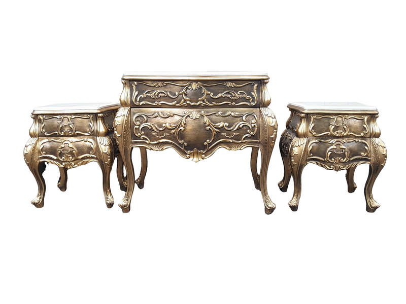 A Set of French Rococo Style Ornately Carved and Gilded Chest of Drawers and Pair of Side Tables ...