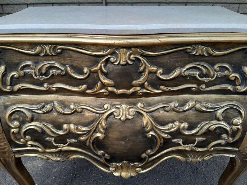 A Set of French Rococo Style Ornately Carved and Gilded Chest of Drawers and Pair of Side Tables ...