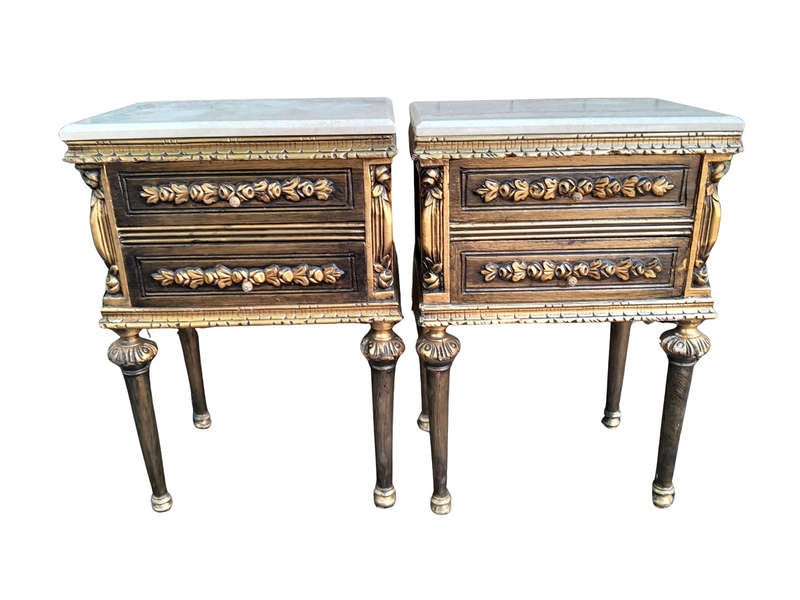 A Pair of French Style Ornately Carved Giltwood Pedestals / Side Tables with Cream Marble Tops