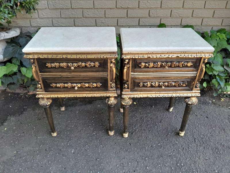 A Pair of French Style Ornately Carved Giltwood Pedestals/Side Tables with Cream Marble Tops