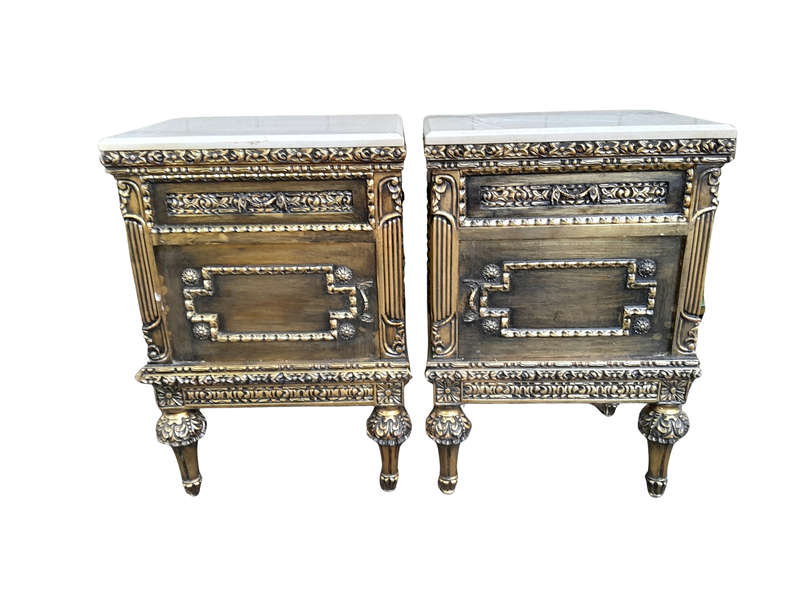 A Pair of French Style Ornately Carved Giltwood Pedestals/Side Tables with Cream Marble Tops