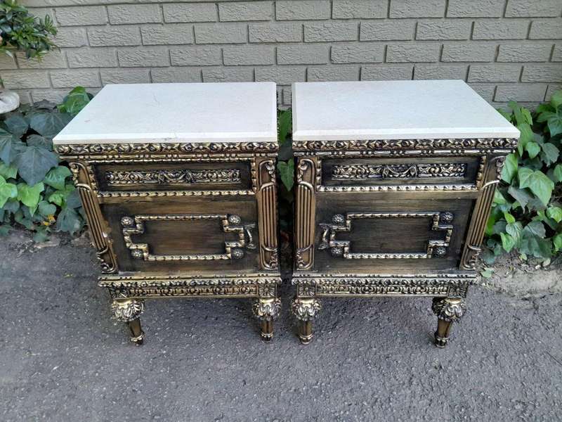 A Pair of French Style Ornately Carved Giltwood Pedestals/Side Tables with Cream Marble Tops