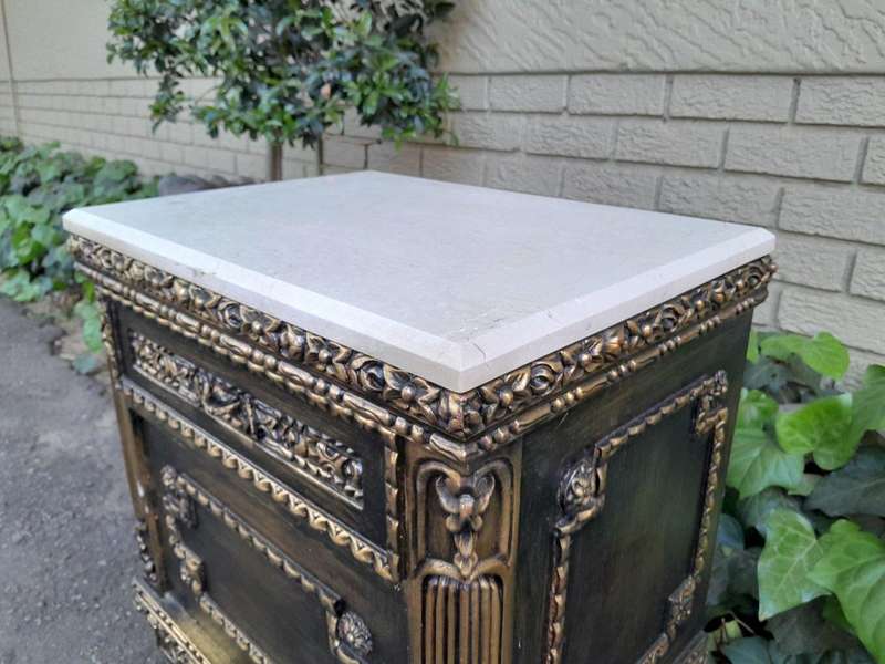 A Pair of French Style Ornately Carved Giltwood Pedestals/Side Tables with Cream Marble Tops